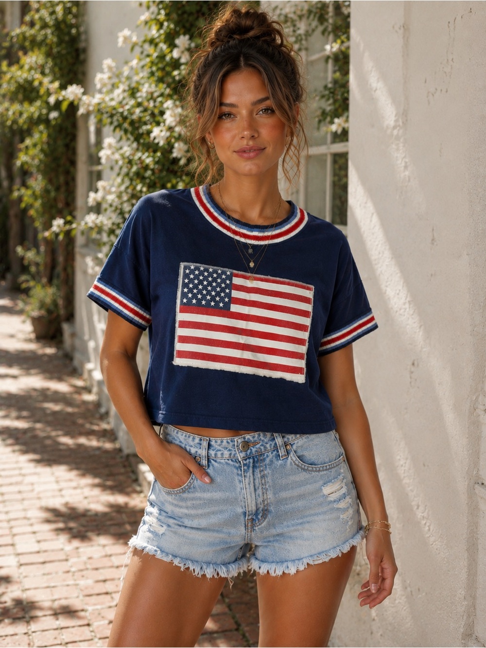 Navy Cropped Tee with American Flag Patch